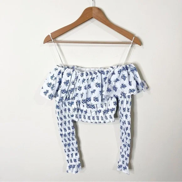 Caroline Constas Floral Off Shoulder Long Sleeves Lydia Top in Blue Toile Spot